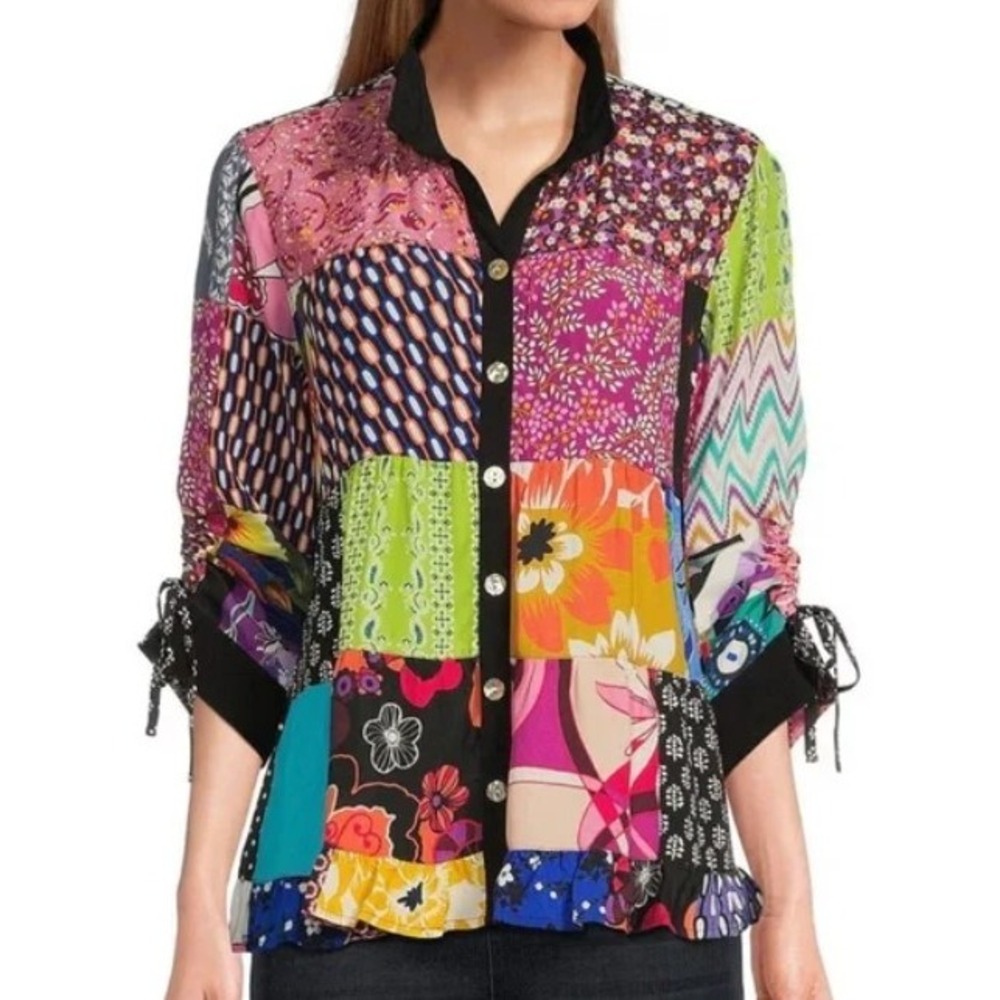 John Mark‎ Womens Large Woven Patchwork Print Wire Collar Button Front Shirt NWT